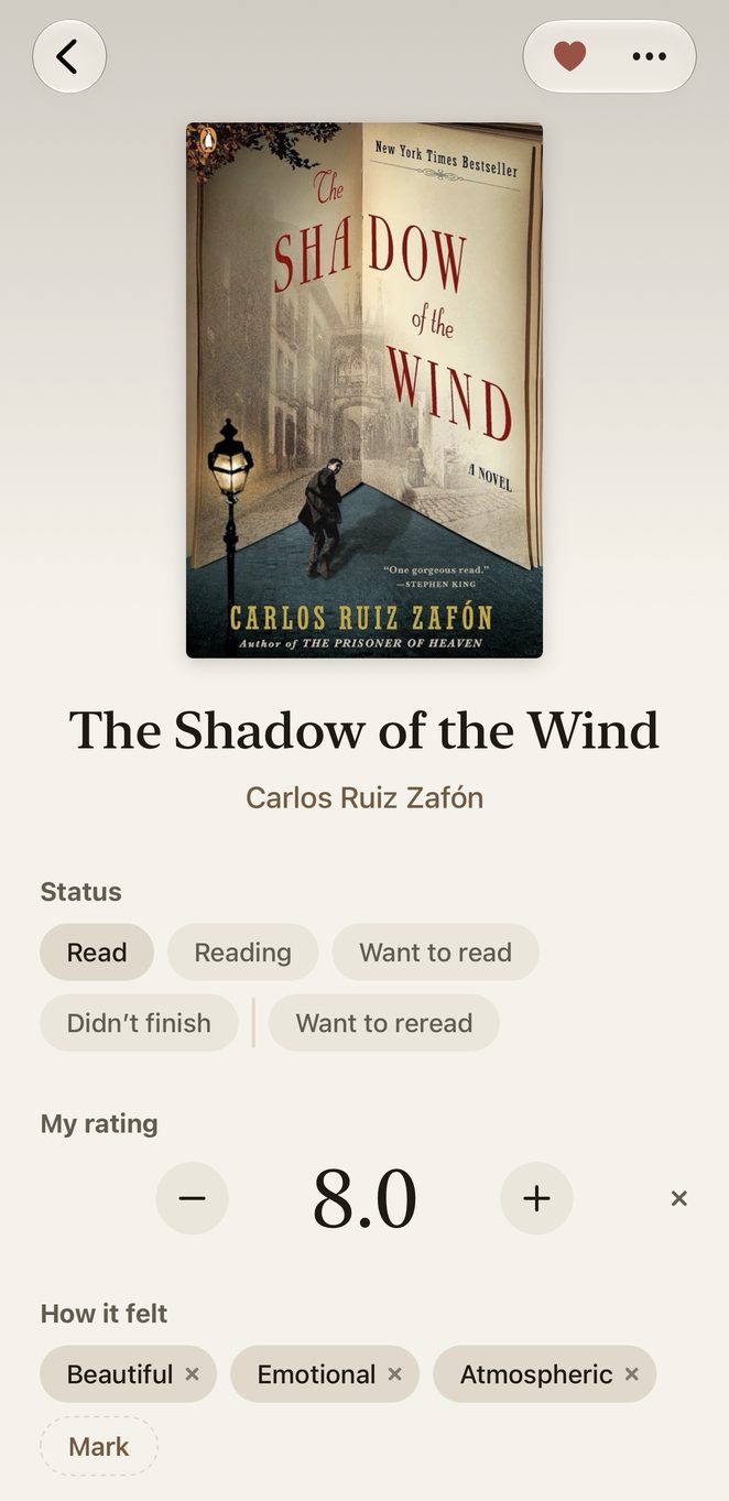 A book page in Tomeum: The Shadow of the Wind — status, rating 8.0, and how it felt