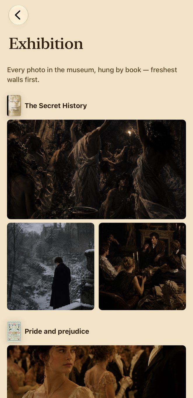 Exhibition: photos laid into books, hung by book, freshest walls first
