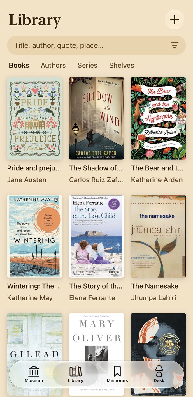 The library: covers in a grid, search by title, author, quote or place, and tabs for books, authors, series and shelves
