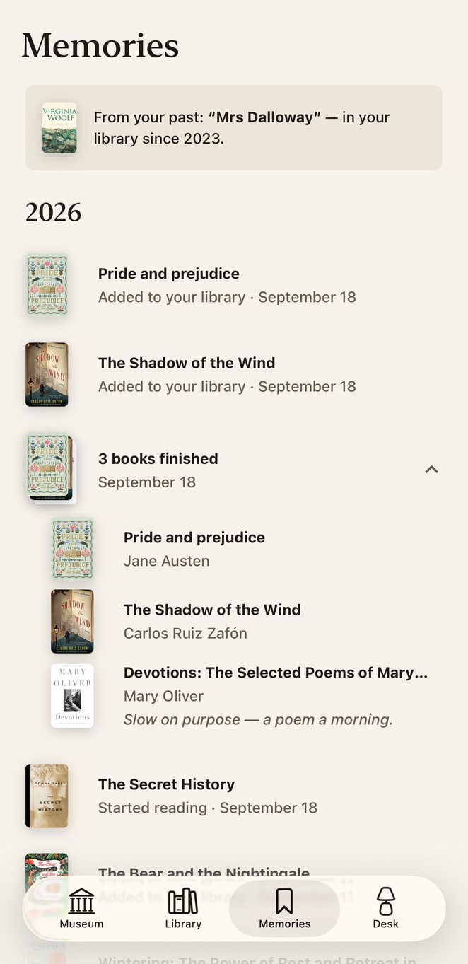Memories: a timeline of your library — what arrived, what was finished, and a line from your past