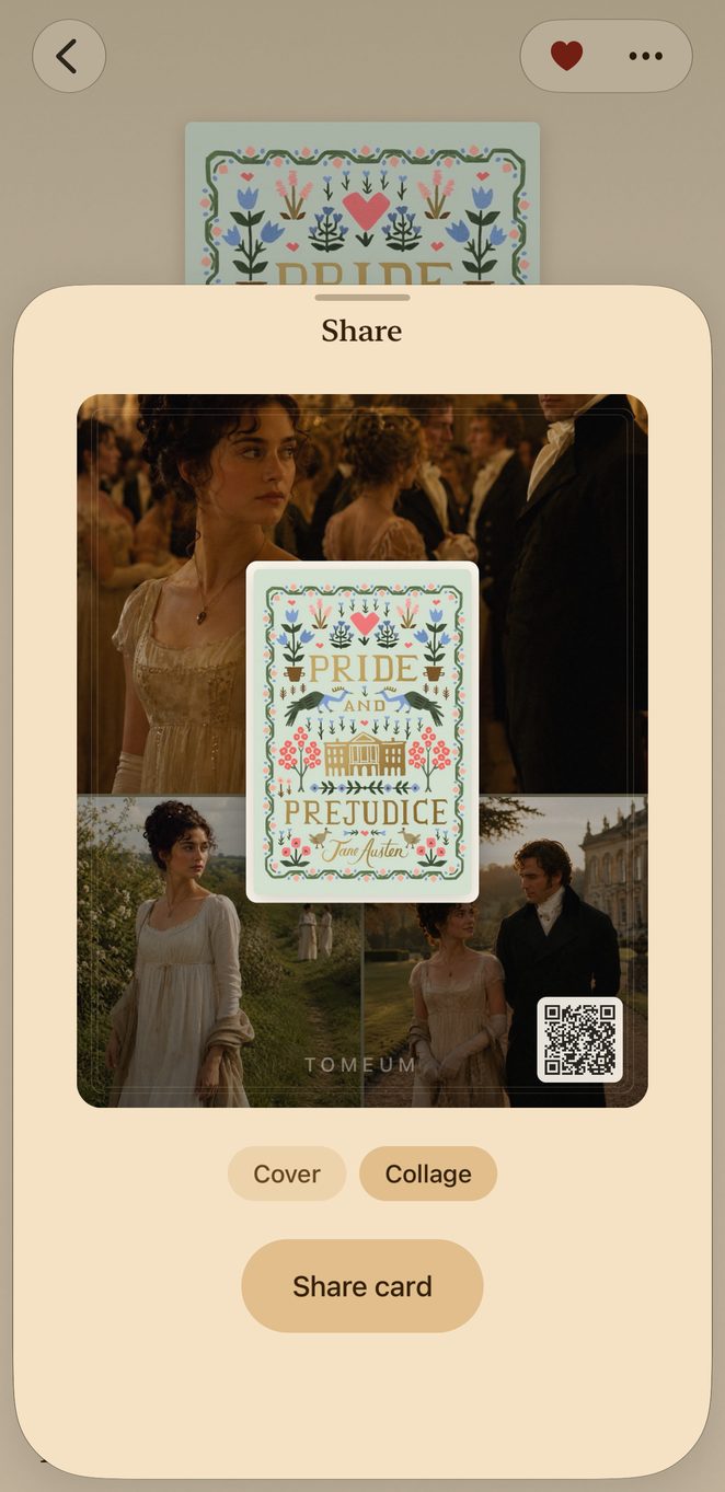 The share sheet: a Pride and Prejudice card — cover or collage — with a TOMEUM stamp and a QR code
